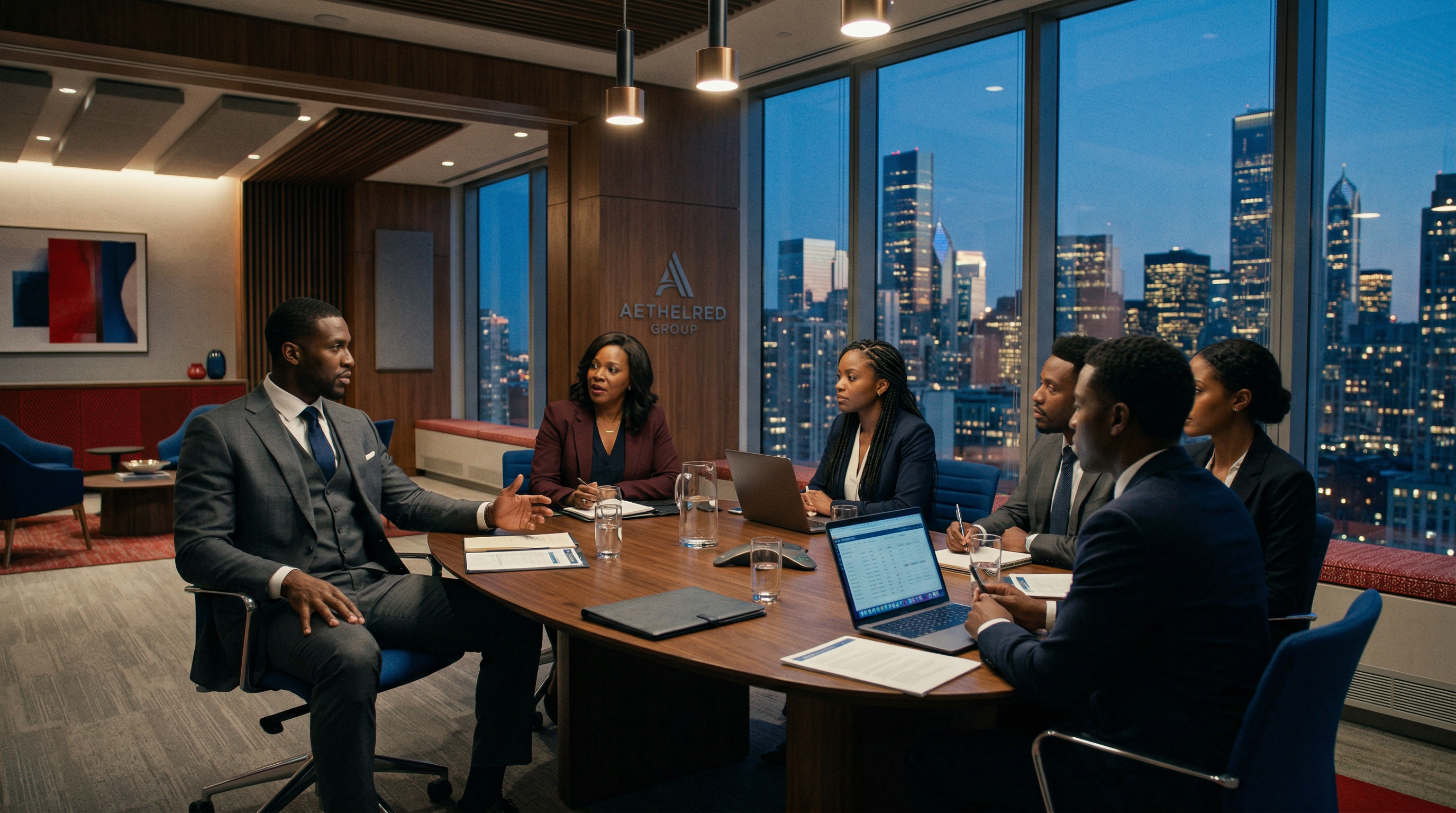 Black professionals and athletes meeting in a boardroom